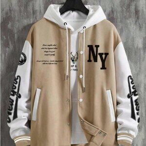 Manfinity Hypemode Men Slogan Graphic Two Tone Varsity Jacket